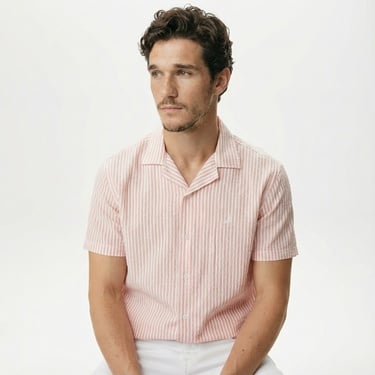  Nautica Erkek Turuncu Classic Fit Kısa Kollu Çizgili Gömlek