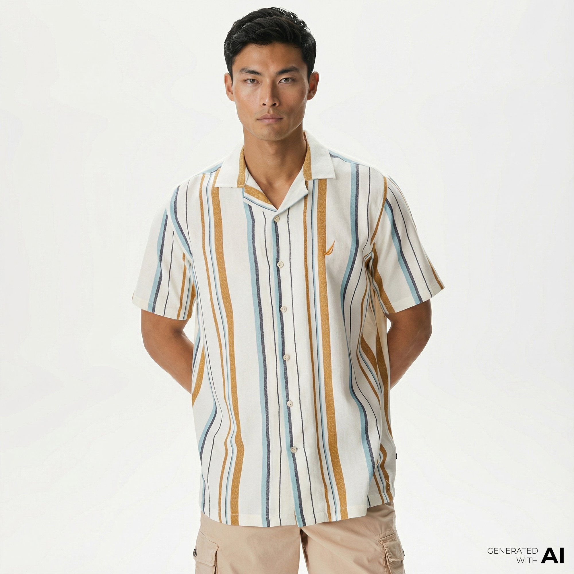  Nautica Erkek Kırık Beyaz Classic Fit Kısa Kollu Çizgili Gömlek