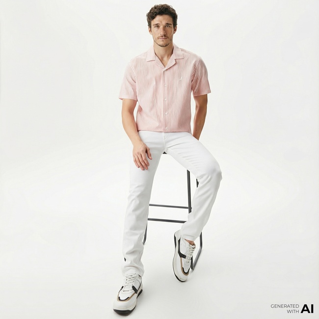  Nautica Erkek Turuncu Classic Fit Kısa Kollu Çizgili Gömlek