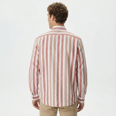  Nautica Erkek Turuncu Classic Fit Uzun Kollu Çizgili Keten Gömlek