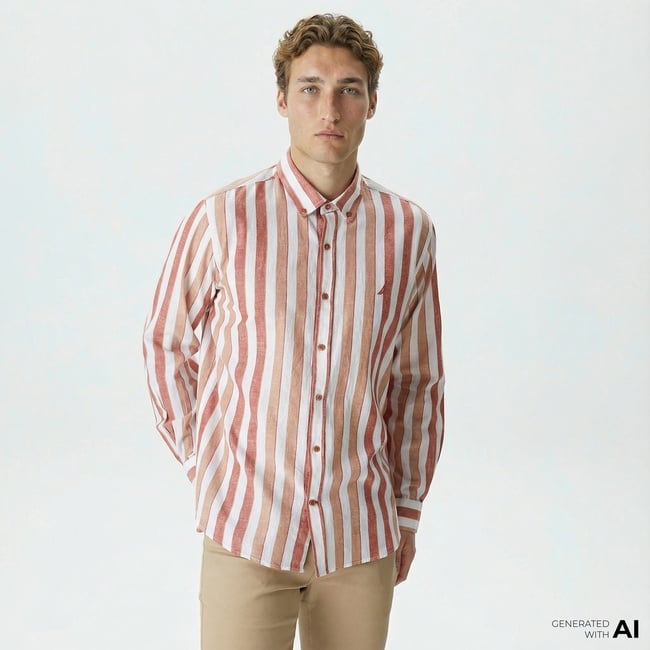  Nautica Erkek Turuncu Classic Fit Uzun Kollu Çizgili Keten Gömlek