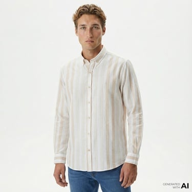  Nautica Erkek Kırık Beyaz Classic Fit Uzun Kollu Çizgili Keten Gömlek