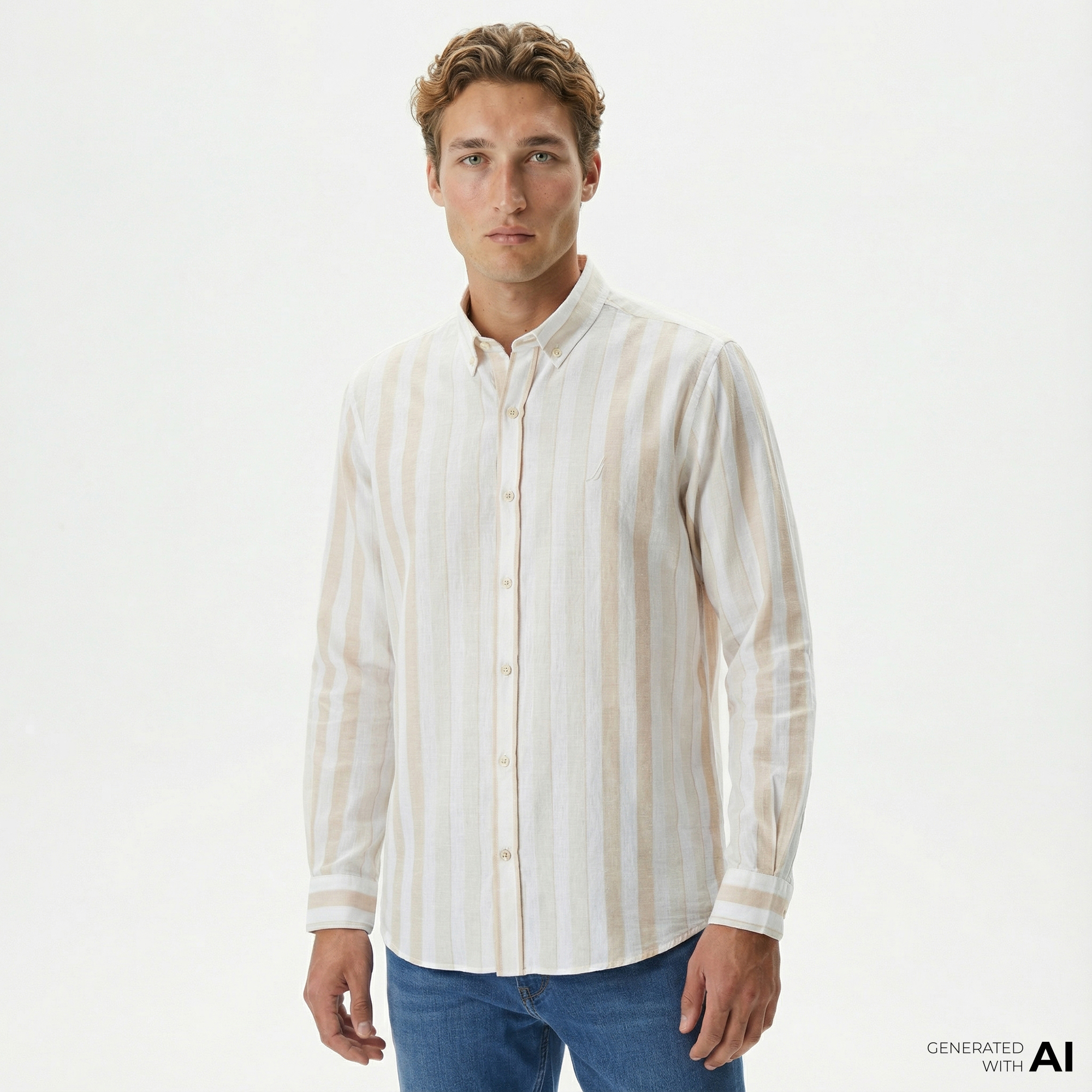  Nautica Erkek Kırık Beyaz Classic Fit Uzun Kollu Çizgili Keten Gömlek