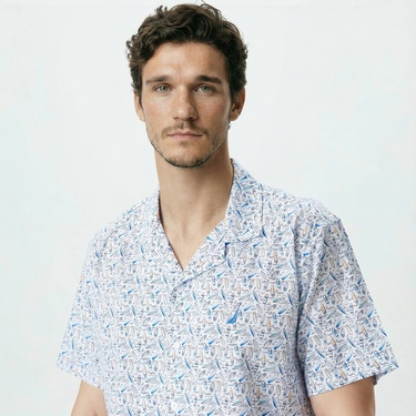 Nautica Erkek Beyaz Classic Fit Kısa Kollu Desenli Gömlek