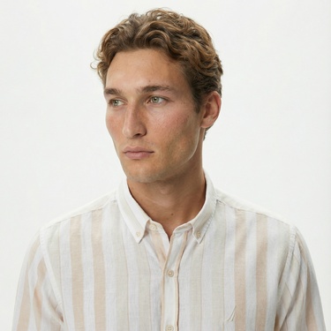  Nautica Erkek Kırık Beyaz Classic Fit Uzun Kollu Çizgili Keten Gömlek