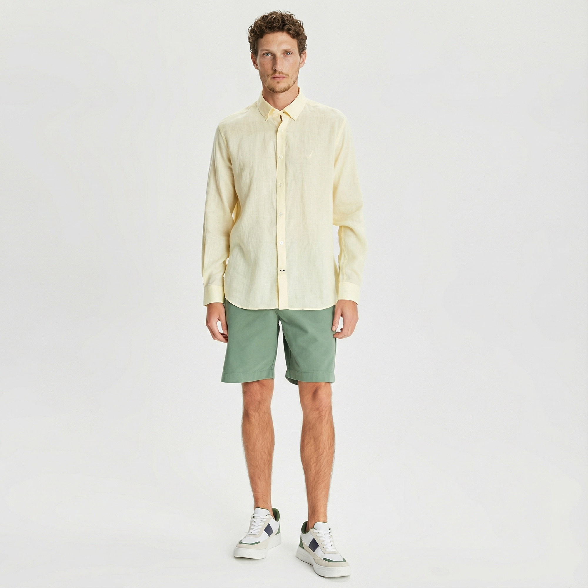  Nautica Erkek Sarı Classic Fit Uzun Kollu Keten Gömlek