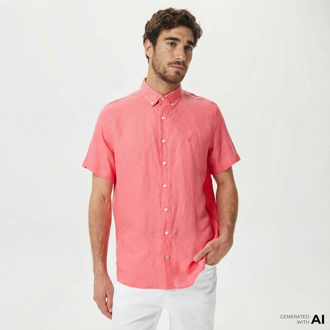  Nautica Erkek Açık Pembe Classic Fit Kısa Kollu Keten Gömlek