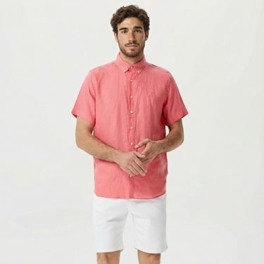 Nautica Erkek Açık Pembe Classic Fit Kısa Kollu Keten Gömlek
