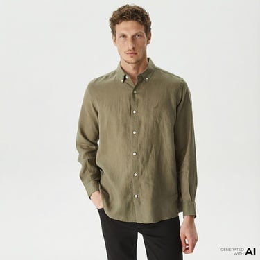  Nautica Erkek Yeşil Classic Fit Uzun Kollu Keten Gömlek