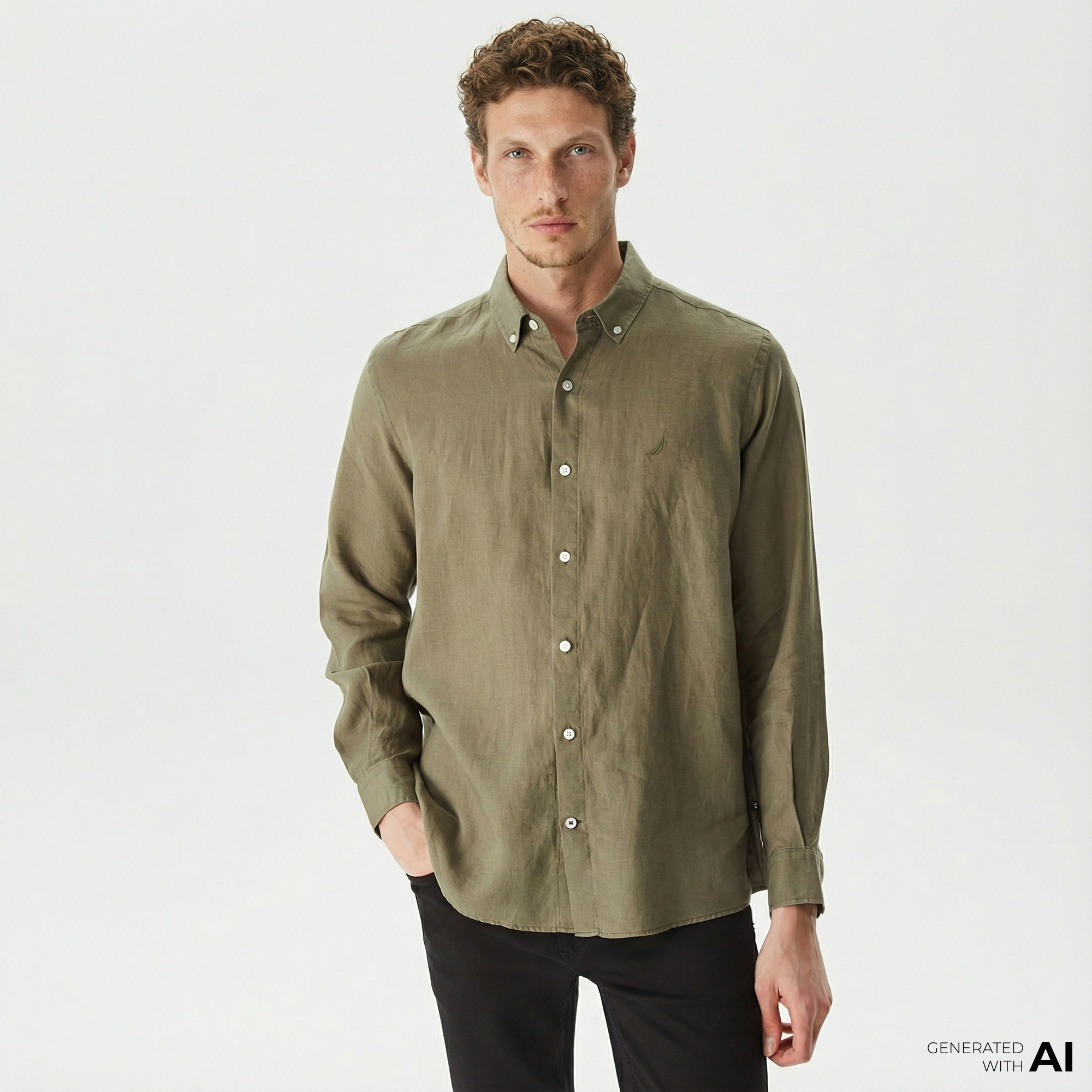  Nautica Erkek Yeşil Classic Fit Uzun Kollu Keten Gömlek