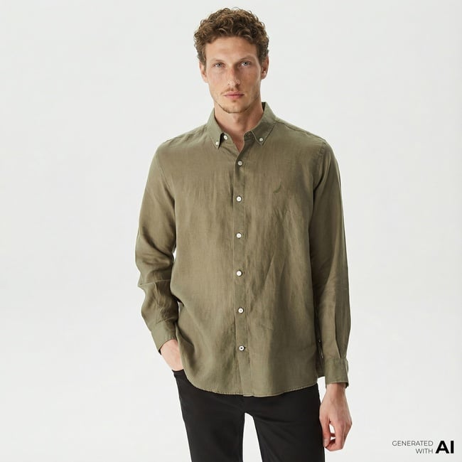  Nautica Erkek Yeşil Classic Fit Uzun Kollu Keten Gömlek