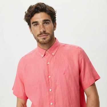  Nautica Erkek Açık Pembe Classic Fit Kısa Kollu Keten Gömlek
