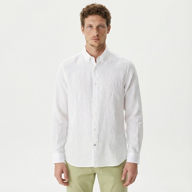  Nautica Erkek Beyaz Classic Fit Uzun Kollu Keten Gömlek