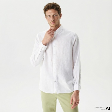  Nautica Erkek Beyaz Classic Fit Uzun Kollu Keten Gömlek