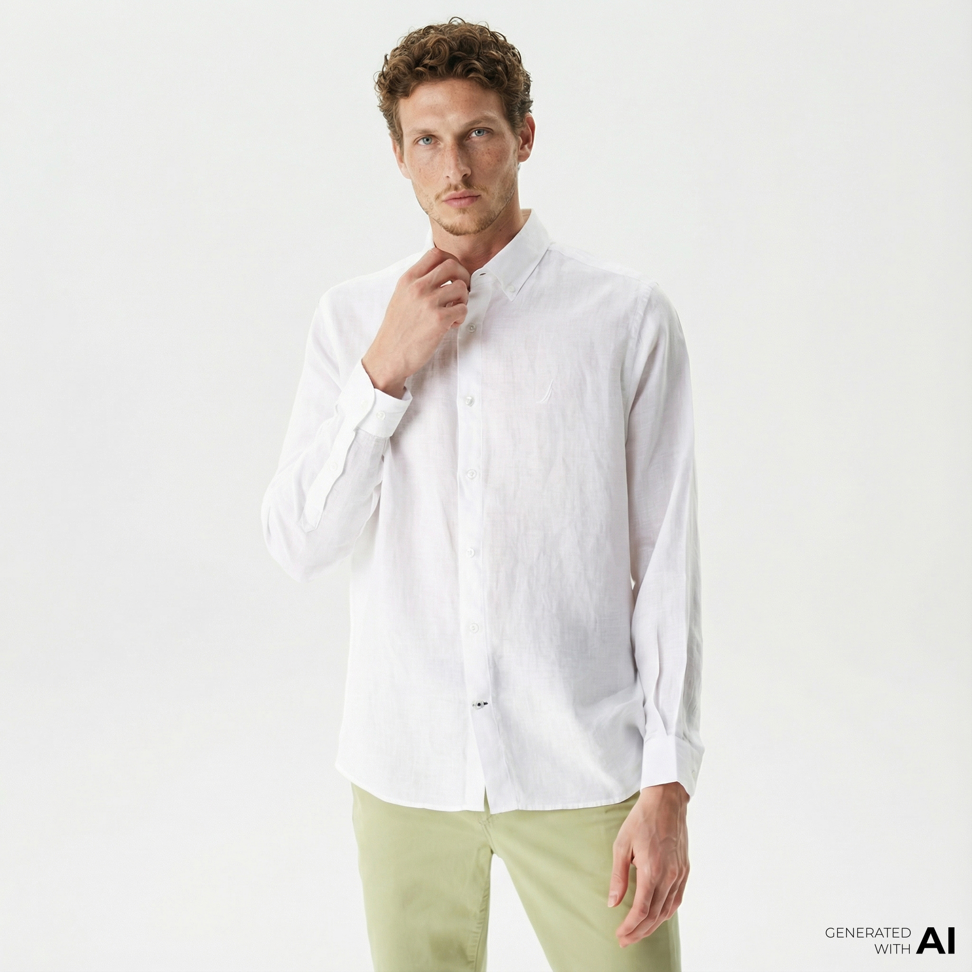  Nautica Erkek Beyaz Classic Fit Uzun Kollu Keten Gömlek