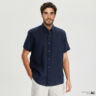  Nautica Erkek Lacivert Classic Fit Kısa Kollu Keten Gömlek