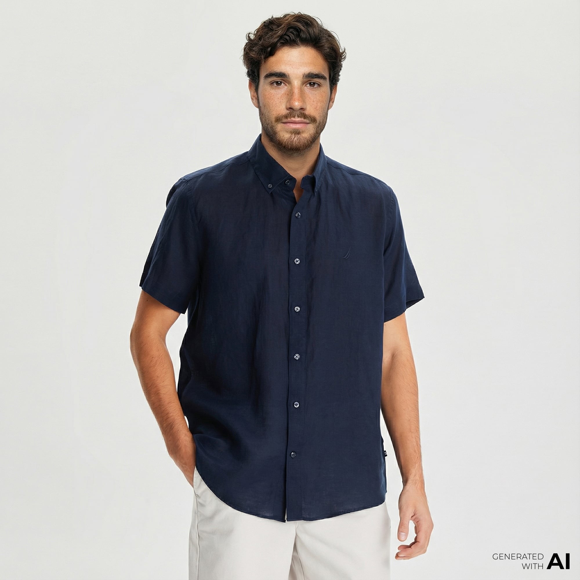  Nautica Erkek Lacivert Classic Fit Kısa Kollu Keten Gömlek