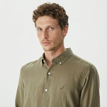  Nautica Erkek Yeşil Classic Fit Uzun Kollu Keten Gömlek