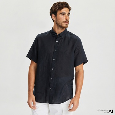  Nautica Erkek Siyah Classic Fit Kısa Kollu Keten Gömlek
