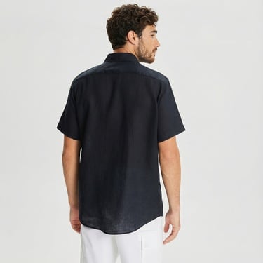  Nautica Erkek Siyah Classic Fit Kısa Kollu Keten Gömlek