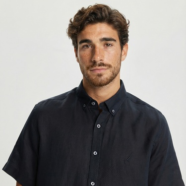  Nautica Erkek Siyah Classic Fit Kısa Kollu Keten Gömlek
