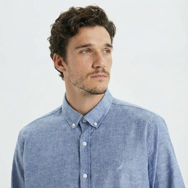  Nautica Erkek Mavi Slim Fit Uzun Kollu Keten Gömlek