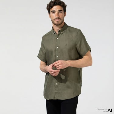  Nautica Erkek Yeşil Classic Fit Kısa Kollu Keten Gömlek