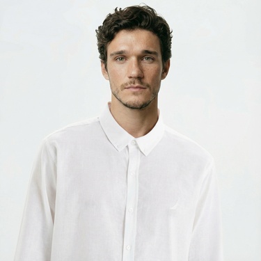  Nautica Erkek Beyaz Slim Fit Uzun Kollu Keten Gömlek