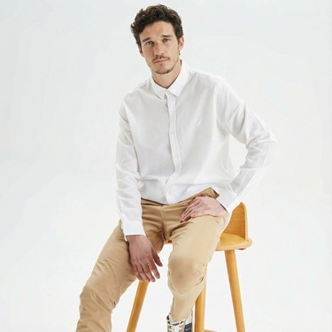  Nautica Erkek Beyaz Slim Fit Uzun Kollu Keten Gömlek