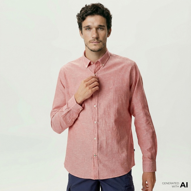  Nautica Erkek Bordo Slim Fit Uzun Kollu Keten Gömlek