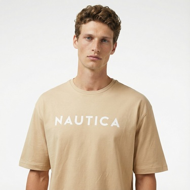  Nautica Erkek Bej Oversize Kısa Kollu T-Shirt