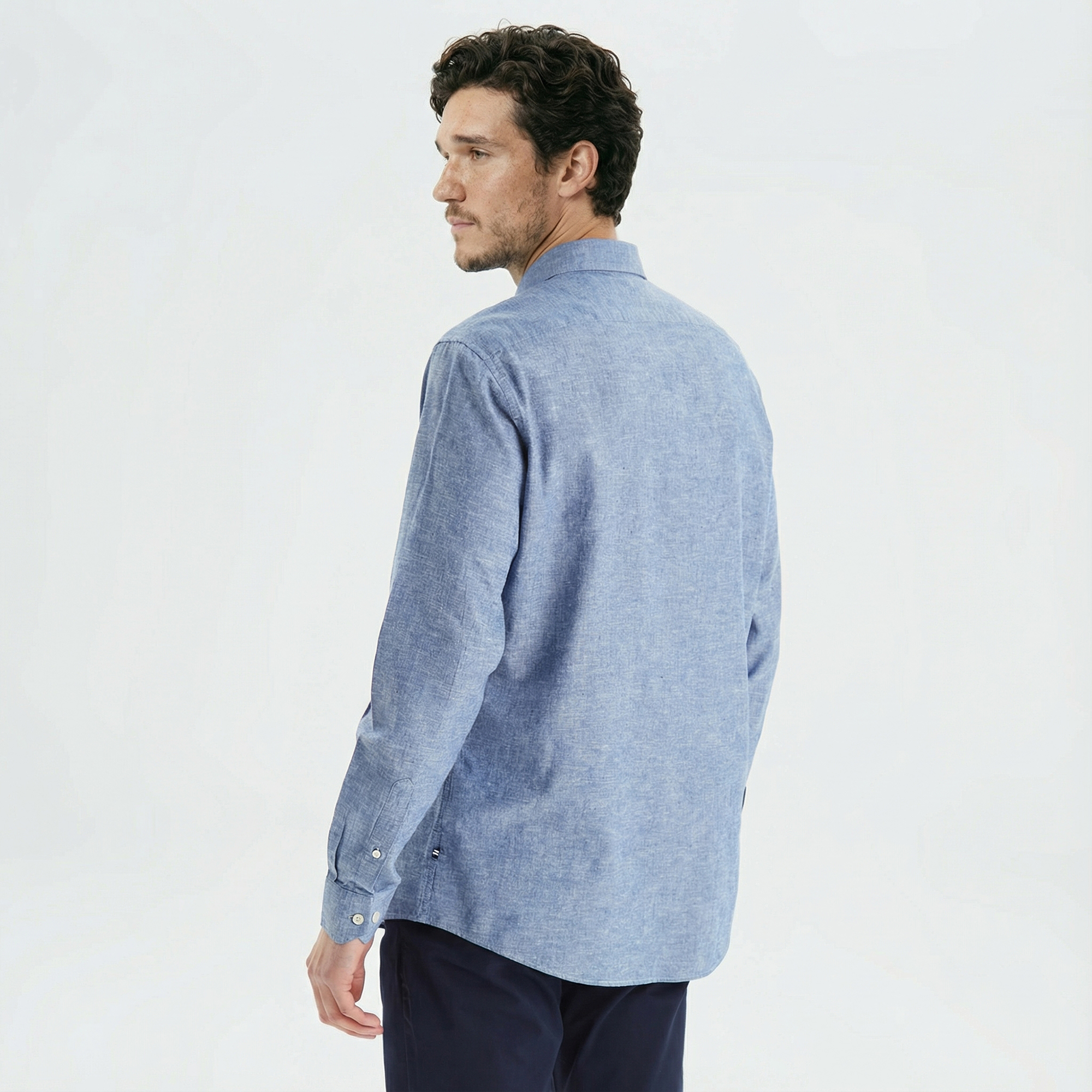 Nautica Erkek Mavi Slim Fit Uzun Kollu Keten Gömlek