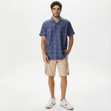 Nautica Erkek Lacivert Classic Fit Kısa Kollu Desenli Keten Gömlek