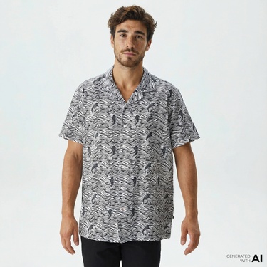  Nautica Erkek Beyaz Classic Fit Kısa Kollu Desenli Keten Gömlek