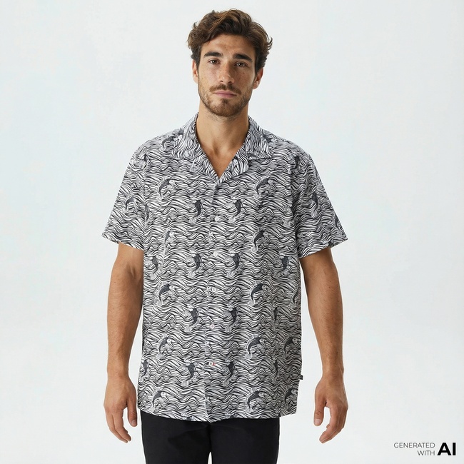  Nautica Erkek Beyaz Classic Fit Kısa Kollu Desenli Keten Gömlek