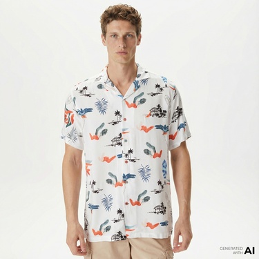  Nautica Erkek Beyaz Classic Fit Kısa Kollu Desenli Gömlek