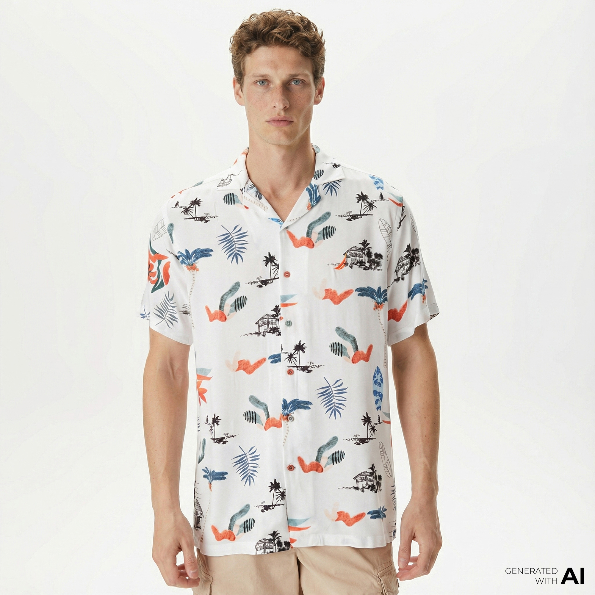  Nautica Erkek Beyaz Classic Fit Kısa Kollu Desenli Gömlek