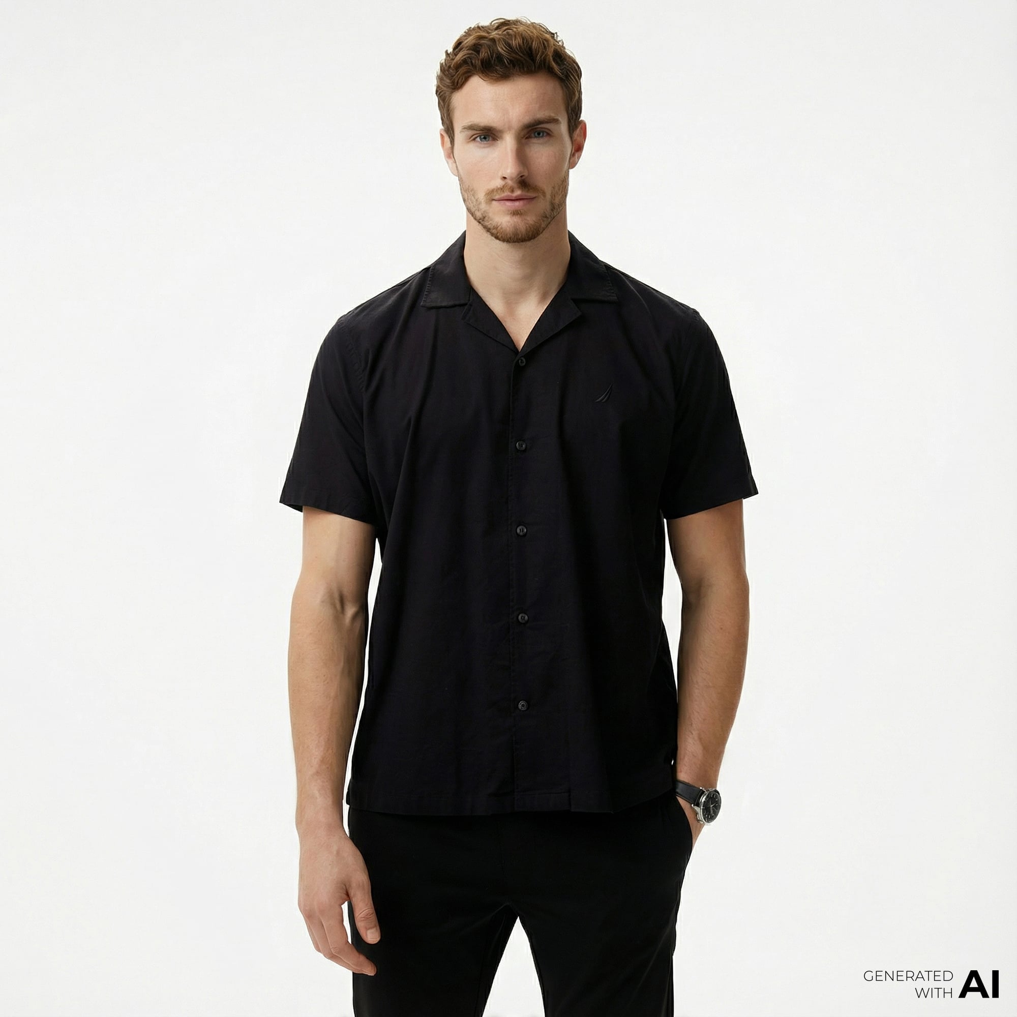  Nautica Erkek Siyah Oversize Kısa Kollu Keten Gömlek