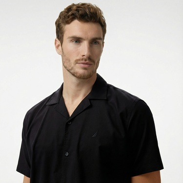  Nautica Erkek Siyah Oversize Kısa Kollu Keten Gömlek