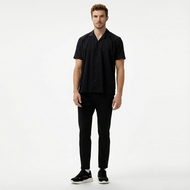  Nautica Erkek Siyah Oversize Kısa Kollu Keten Gömlek