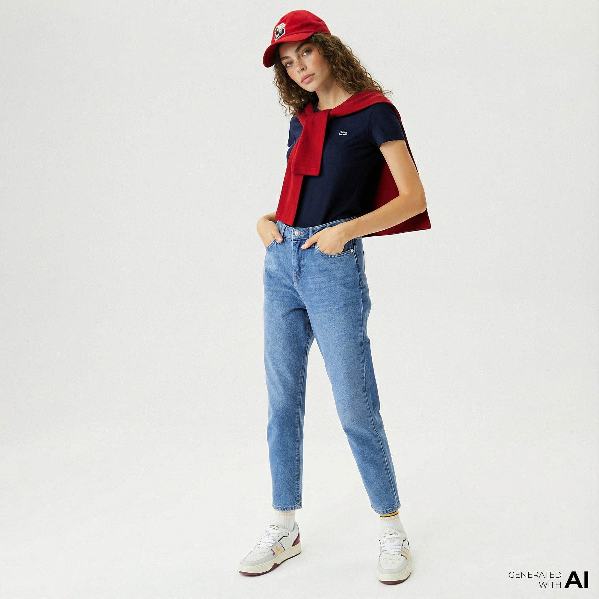  Lacoste Kadın Slim Fit V Yaka Lacivert T-Shirt