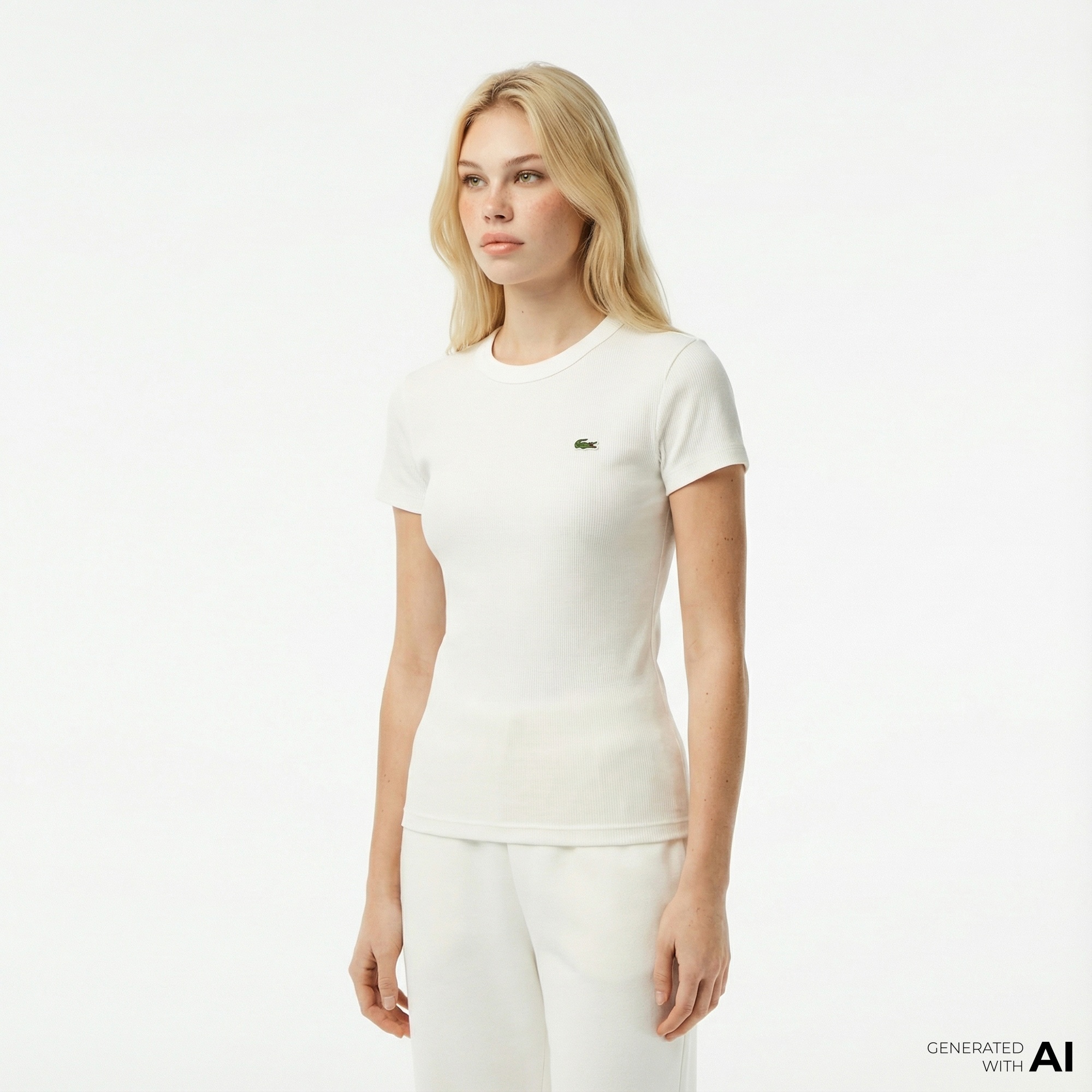 Lacoste Kadın Slim Fit Bisiklet Yaka Beyaz T-Shirt