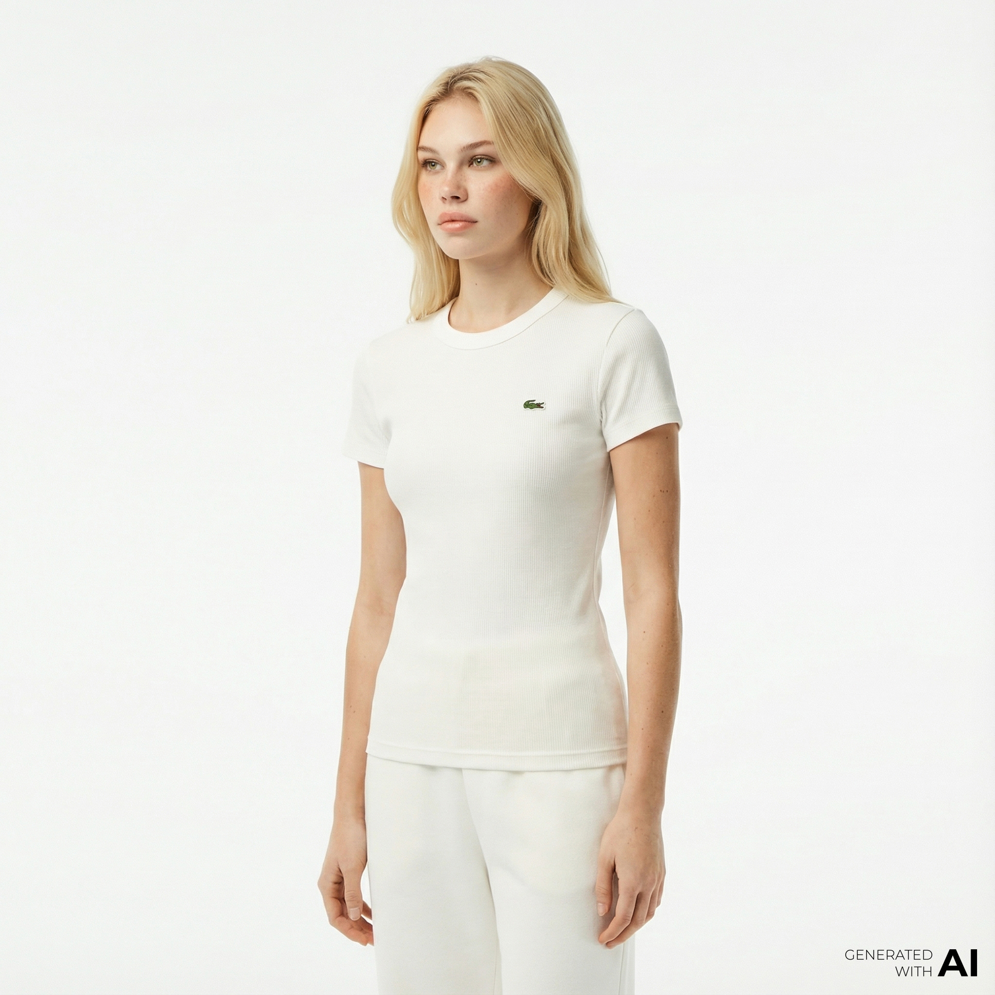  Lacoste Kadın Slim Fit Bisiklet Yaka Beyaz T-Shirt