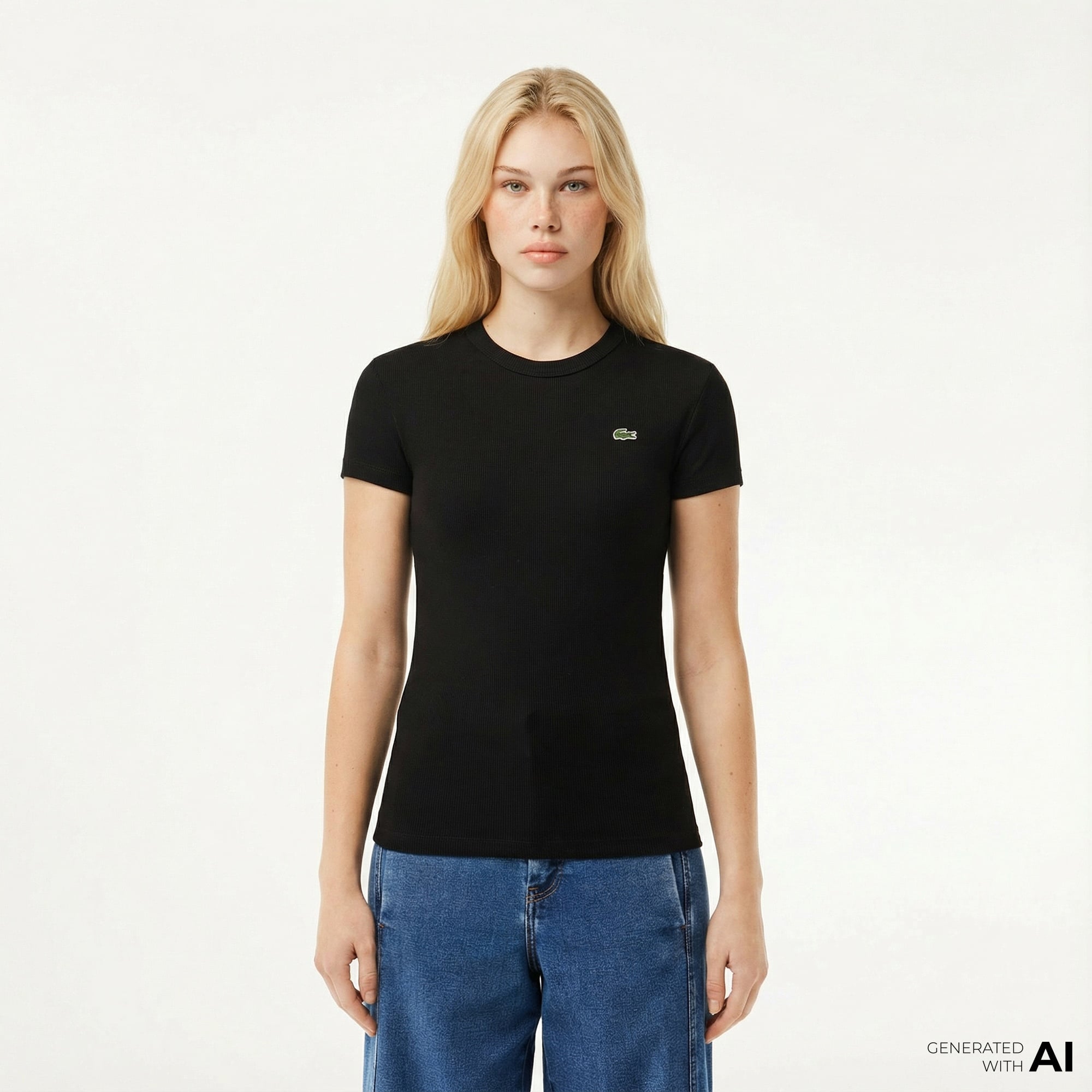 Lacoste Kadın Slim Fit Bisiklet Yaka Siyah T-Shirt