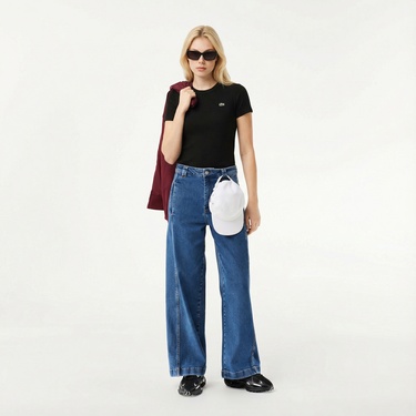  Lacoste Kadın Slim Fit Bisiklet Yaka Siyah T-Shirt