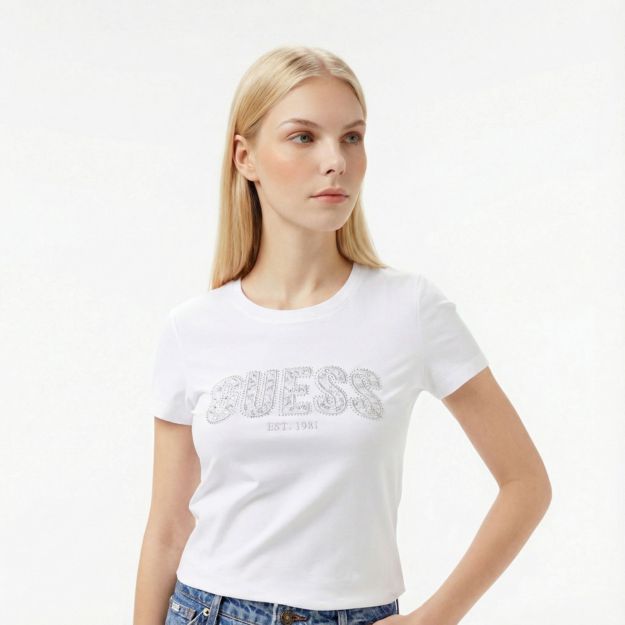 Guess Logo Kadın Beyaz T-Shirt