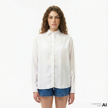  Lacoste Kadın Relaxed Fit Keten Beyaz Gömlek