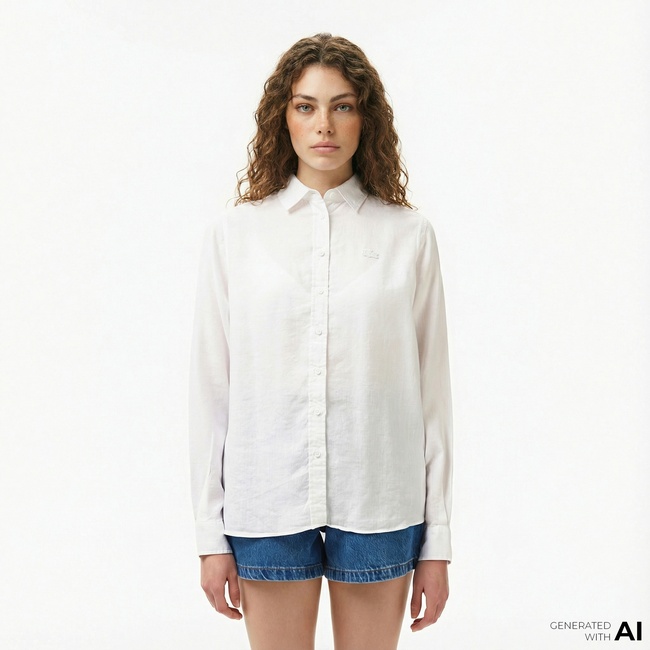  Lacoste Kadın Relaxed Fit Keten Beyaz Gömlek