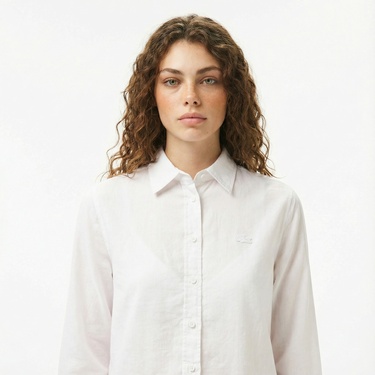  Lacoste Kadın Relaxed Fit Keten Beyaz Gömlek