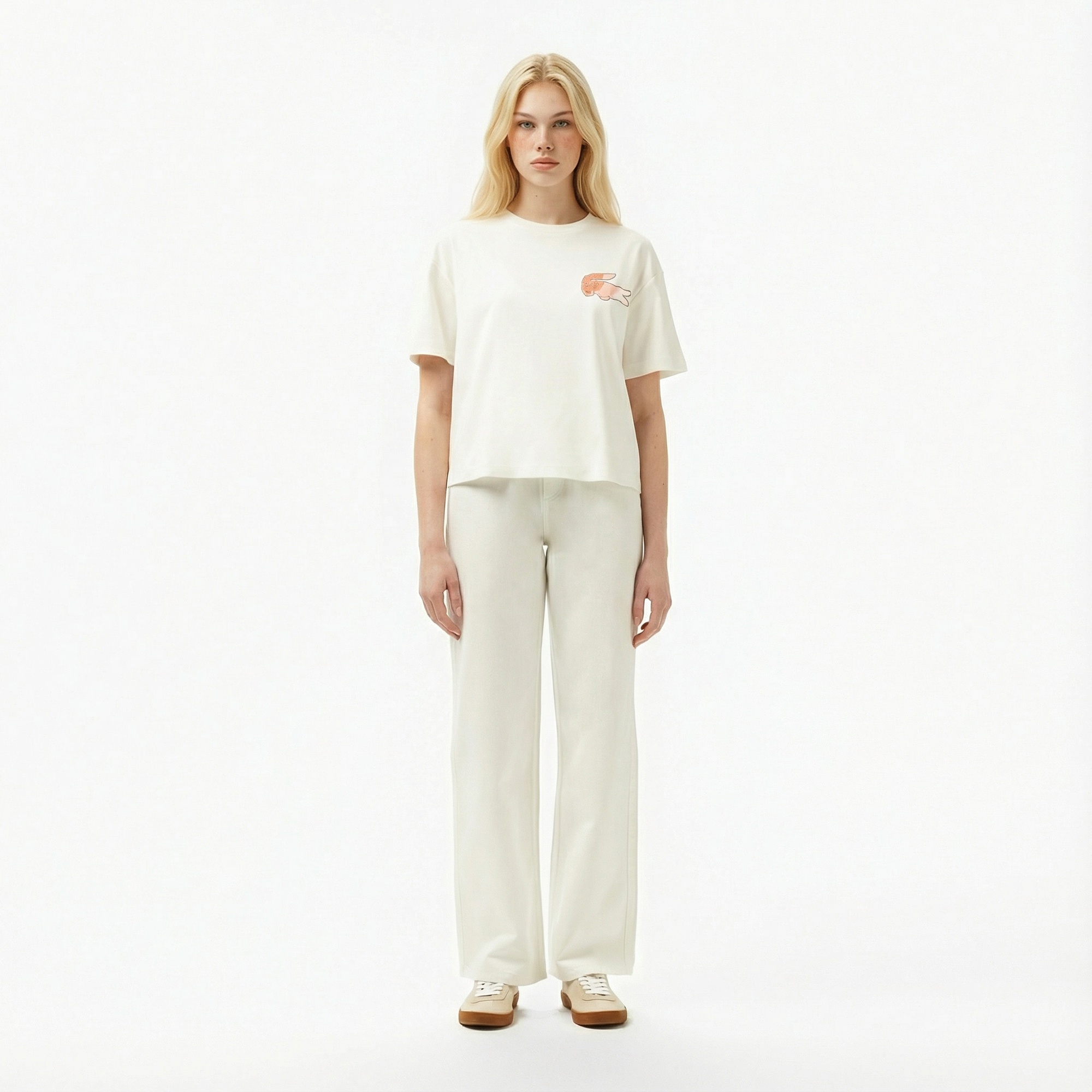 Lacoste Kadın Bisiklet Yaka Baskılı Beyaz T-Shirt